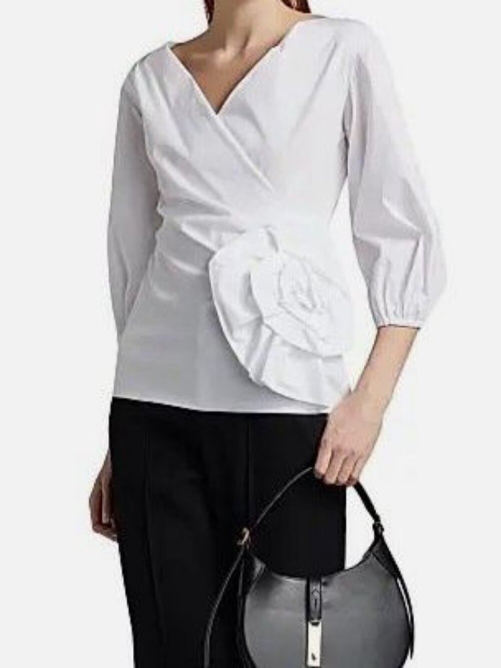 Chiara Boni Women White Elizee Rosette-Waist Cotton Faux-Wrap Top Size 38